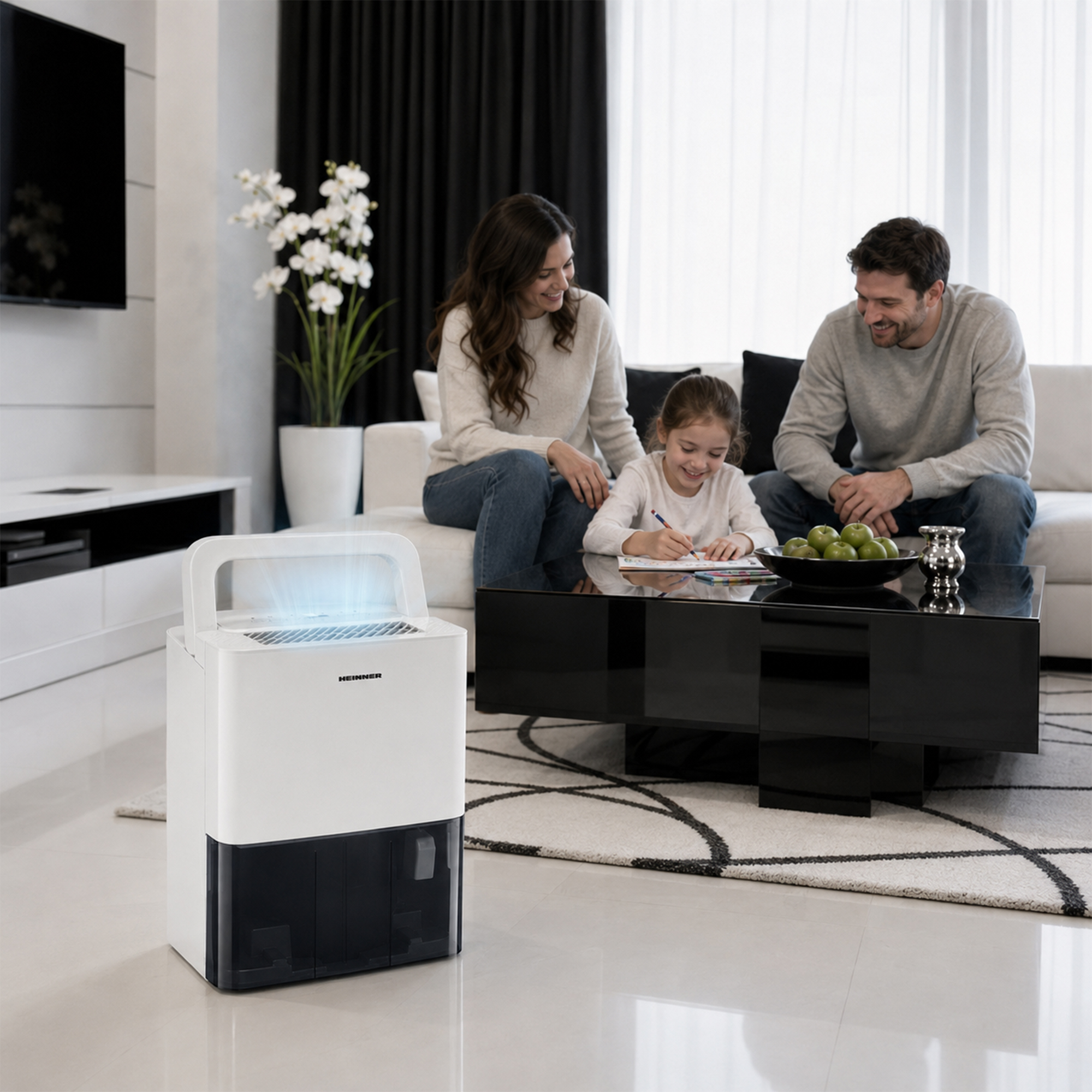 Een witte luchtontvochtiger in een moderne woonkamer met een gezin.