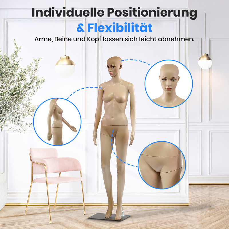 Eine weibliche Schaufensterpuppe steht neben einem rosa Stuhl. Detailansichten zeigen den Kopf und die Hüften.