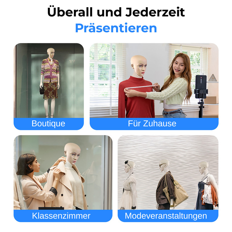 Vier Szenen zeigen Schaufensterpuppen: Boutique, Zuhause, Klassenzimmer, Modeveranstaltung.