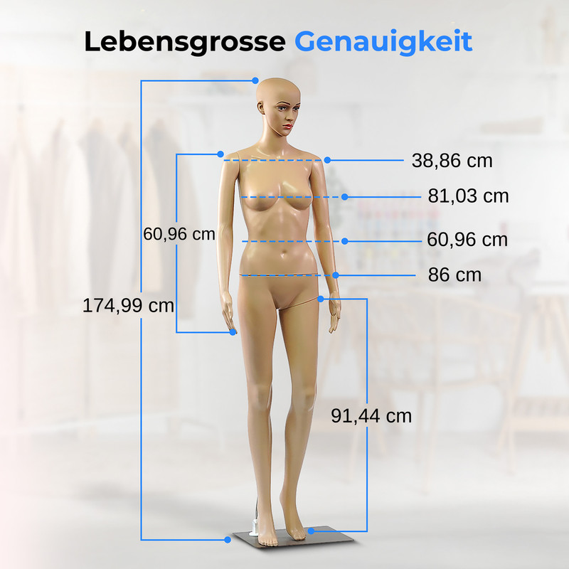 Eine Schaufensterpuppe mit Maßen: 174,99cm Gesamthöhe, 60,96cm Brustumfang.