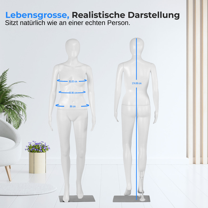 Zwei weiße Schaufensterpuppen mit Maßen. Eine von vorne, eine von hinten.