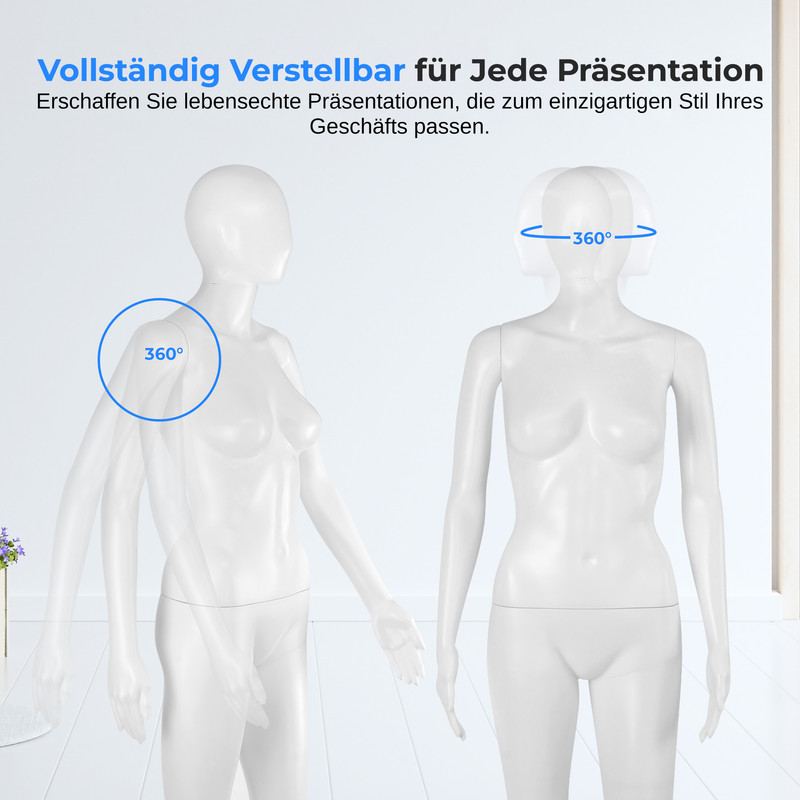 Weiße Schaufensterpuppen mit 360°-Verstellbarkeit für Präsentationen.