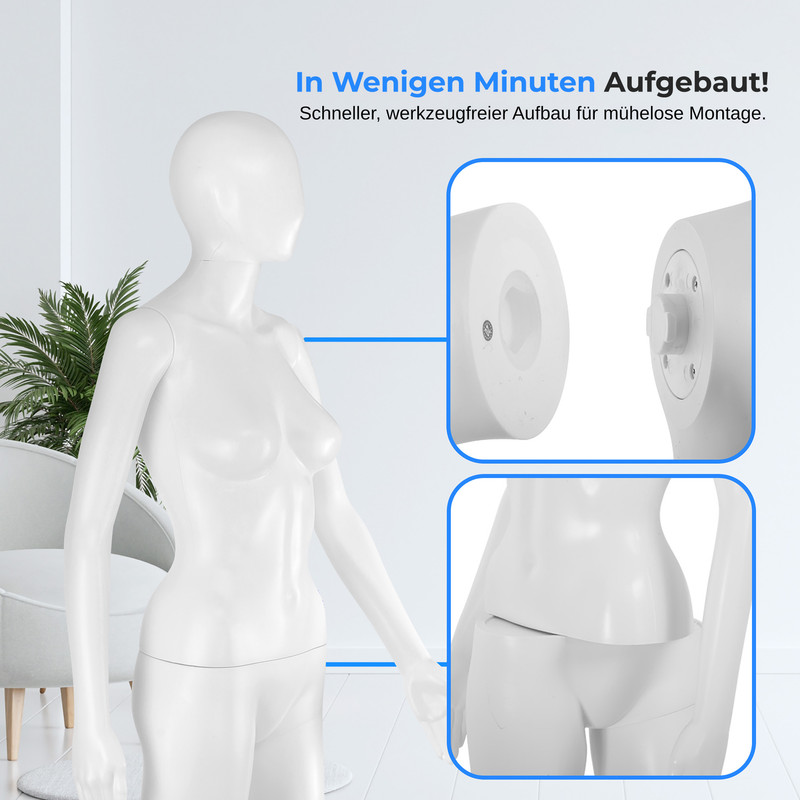 Weißer Schaufensterpuppen-Torso mit abnehmbaren Gliedmaßen, Montageansicht.