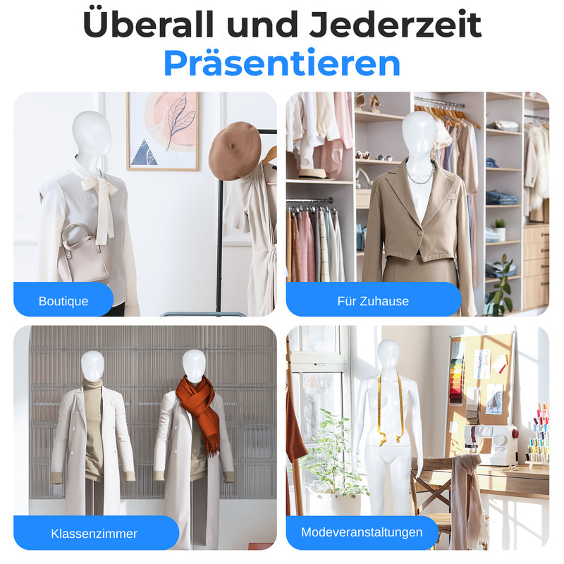 Collage aus vier Szenen: Boutique, Zuhause, Klassenzimmer und Modeveranstaltungen, alle mit Schaufensterpuppen.