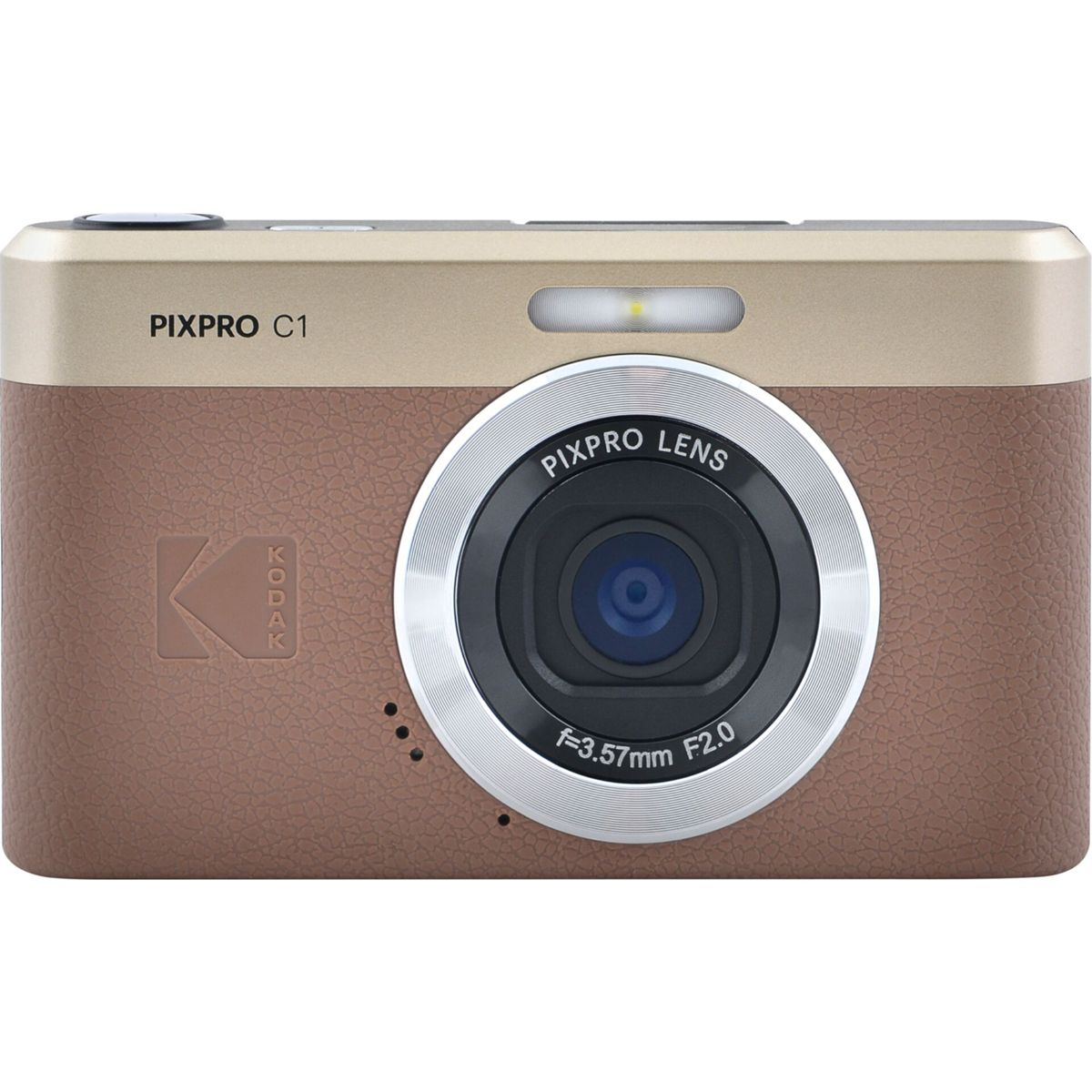 Eine braune Kodak Digitalkamera mit goldenem Oberteil und Linse.