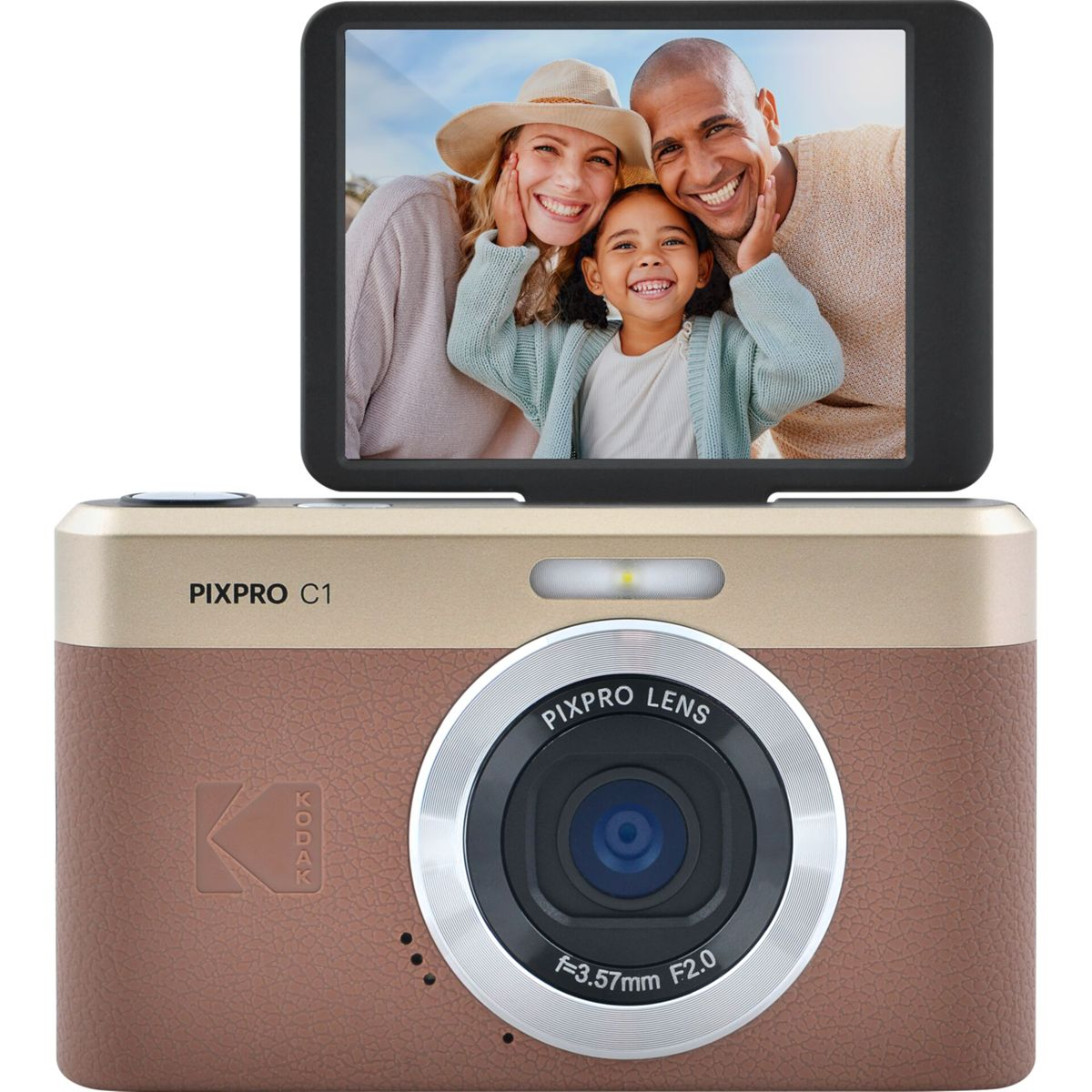 Eine Digitalkamera mit einem Bild einer lächelnden Familie auf dem Bildschirm.