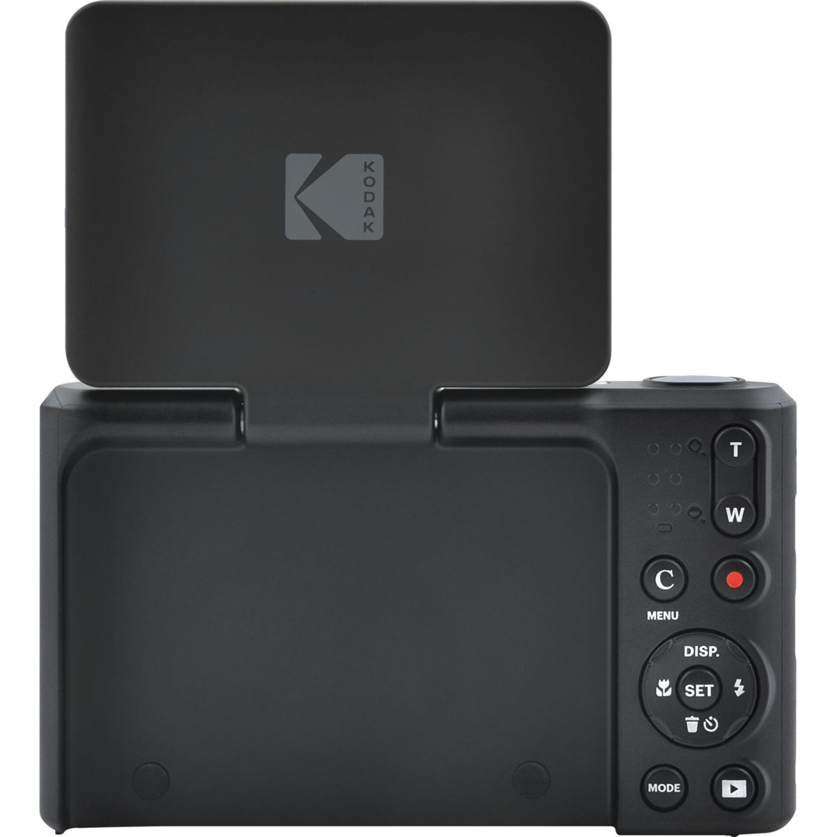 Schwarze Digitalkamera mit aufgeklapptem Bildschirm und Kodak-Logo.