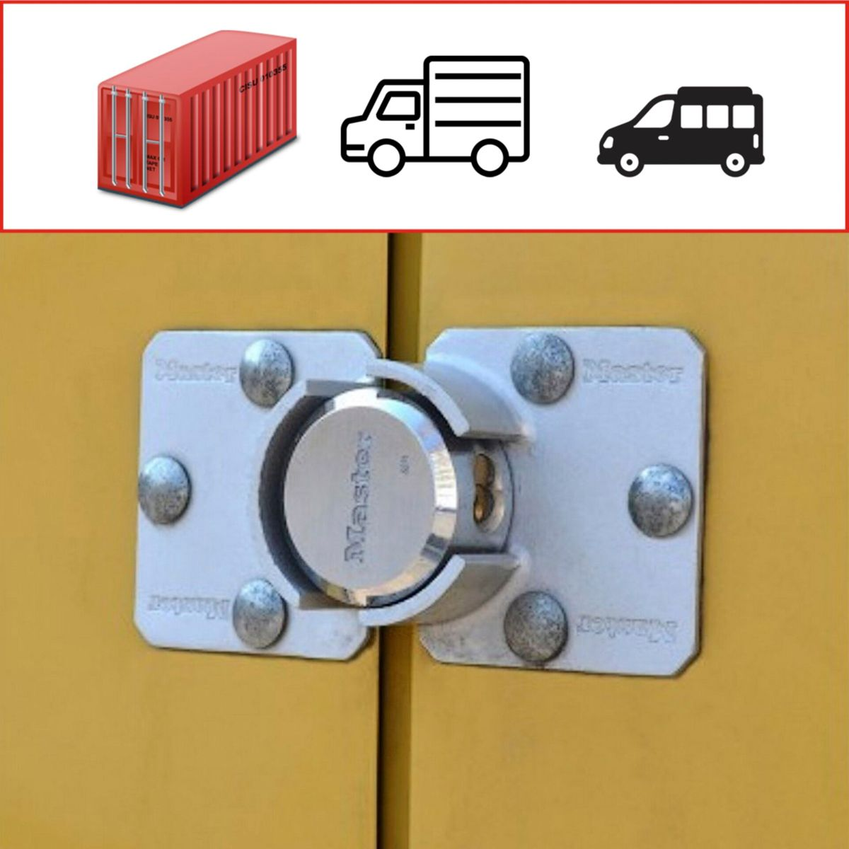 Ein roter Frachtcontainer, ein Lastwagen und ein Van über einem gelben Schrank mit einem Master-Vorhängeschloss.