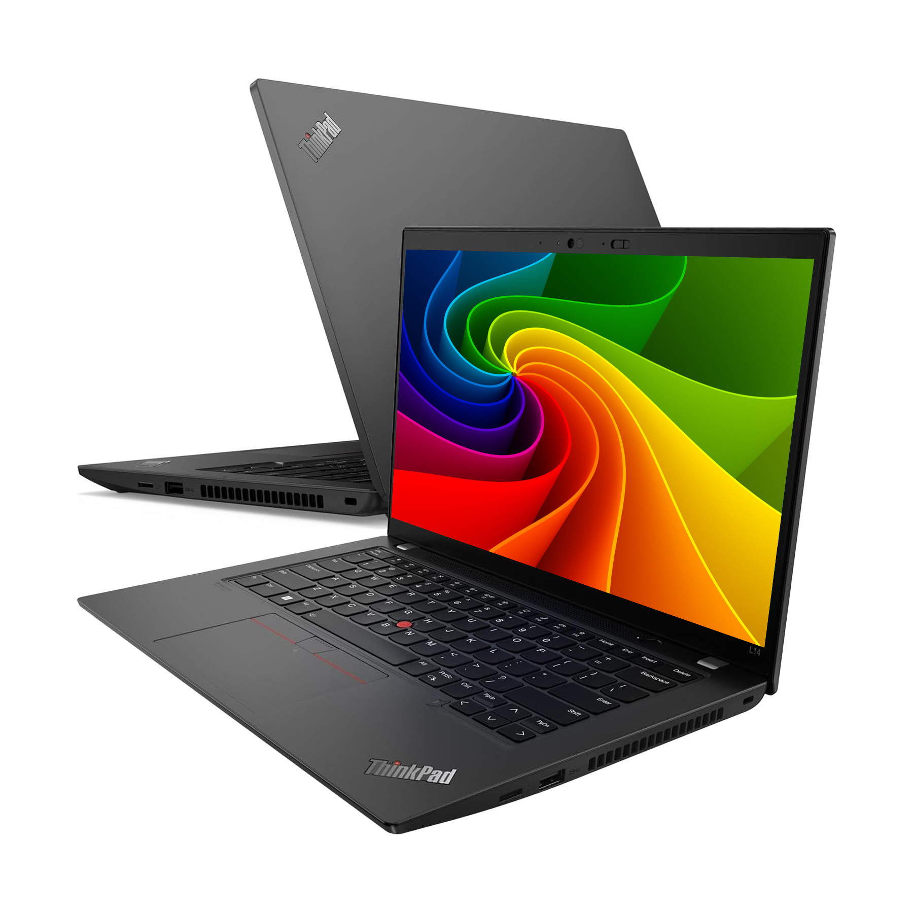 Zwei schwarze ThinkPad Laptops auf weißem Hintergrund, einer offen mit buntem Hintergrund.