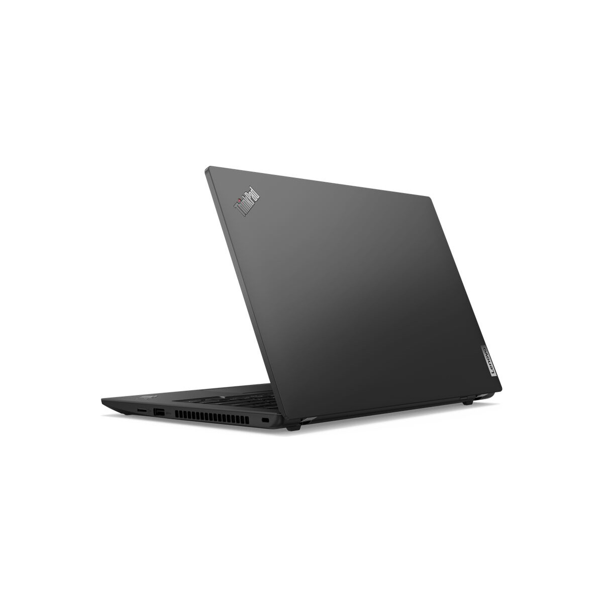 Schwarzer Laptop mit ThinkPad-Logo, von der Seite gesehen.