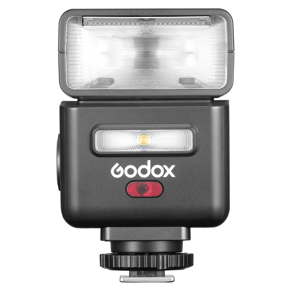 Un flash Godox nero con riflettore argentato e pulsante rosso.