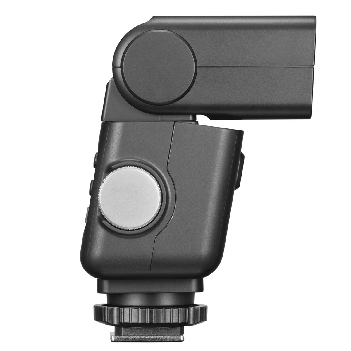 Flash per fotocamera grigio scuro con ghiera argentata e piede di montaggio nero.