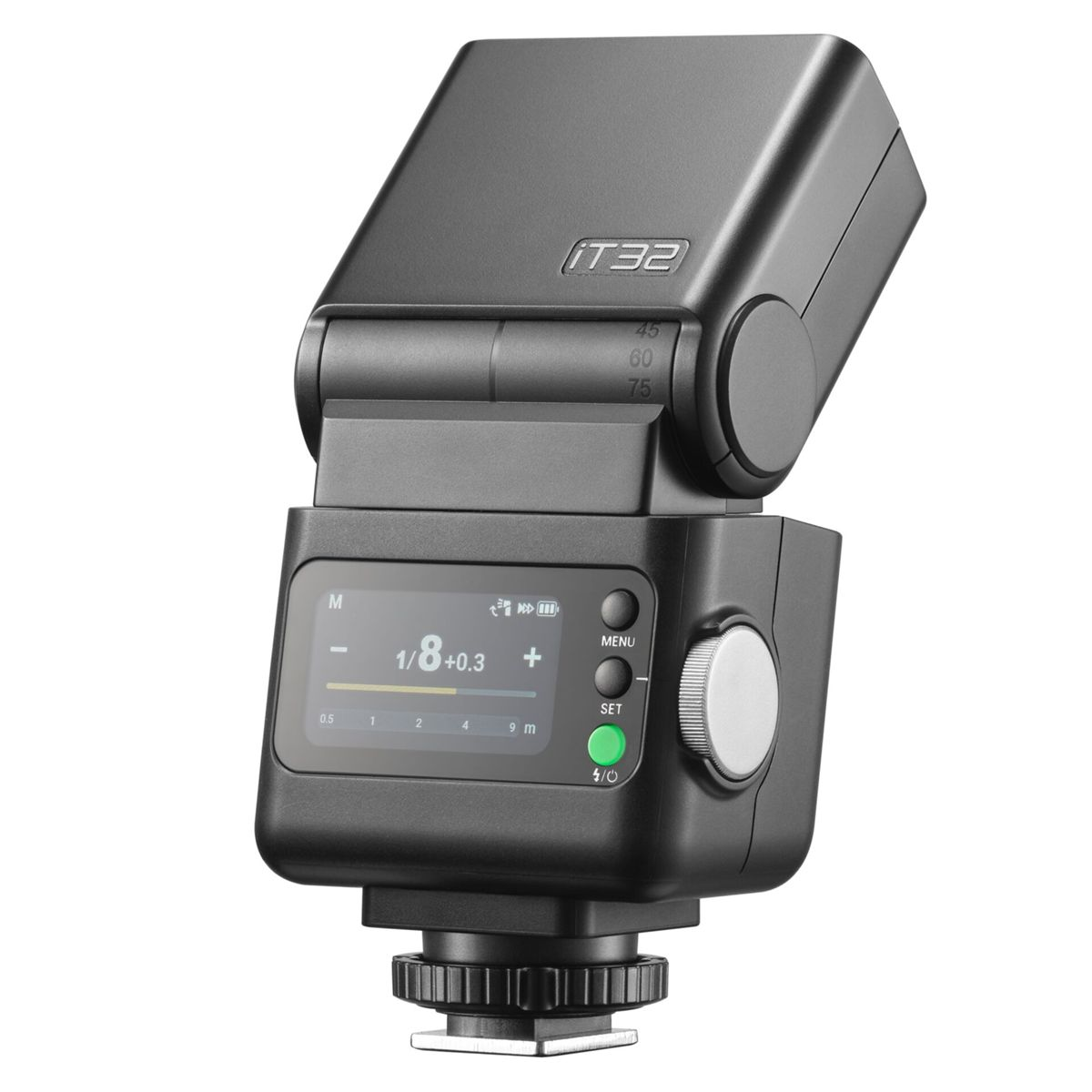 Flash per fotocamera nero con display che mostra 1/8+0.3.