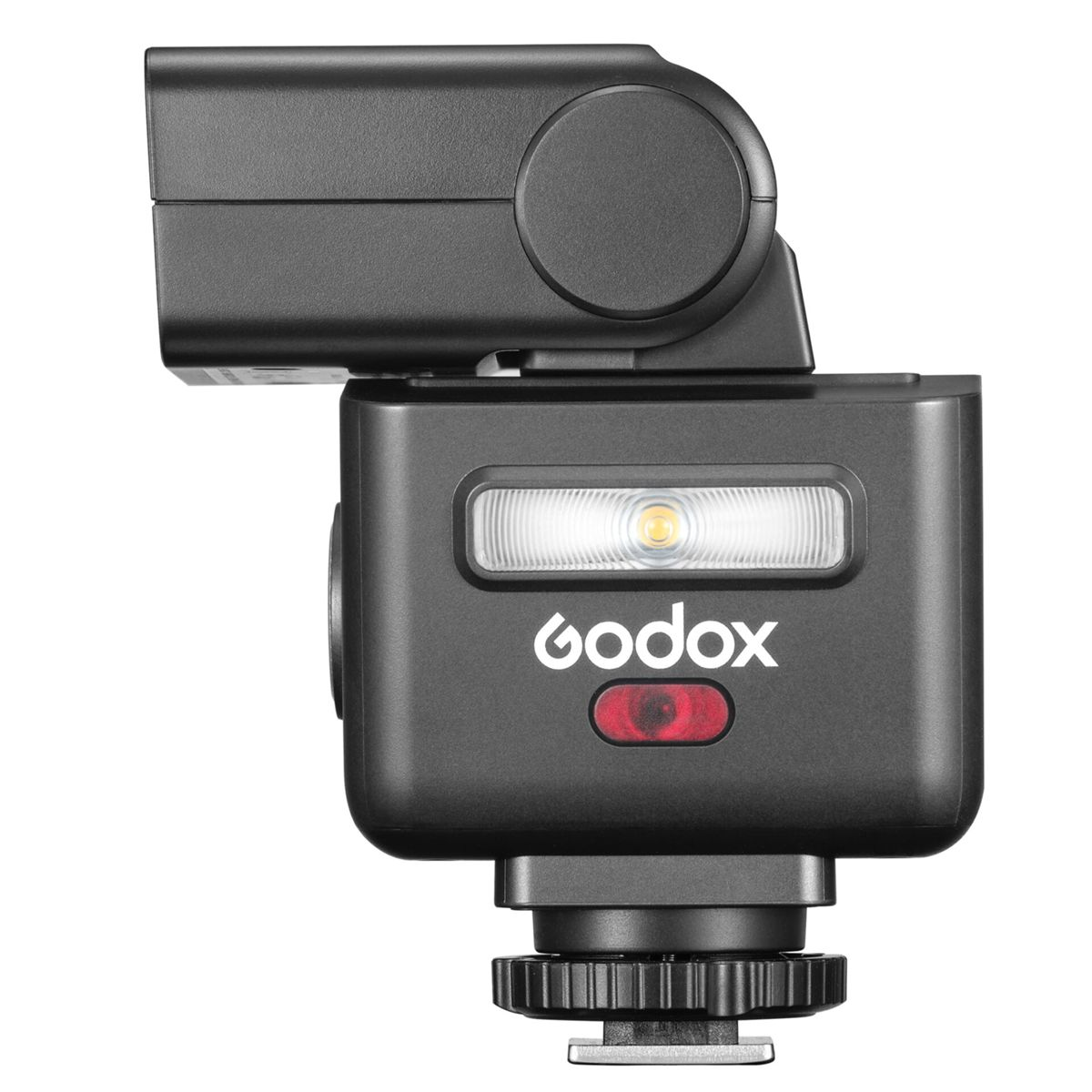 Un flash Godox nero con tubo flash e luce di assistenza AF rossa.