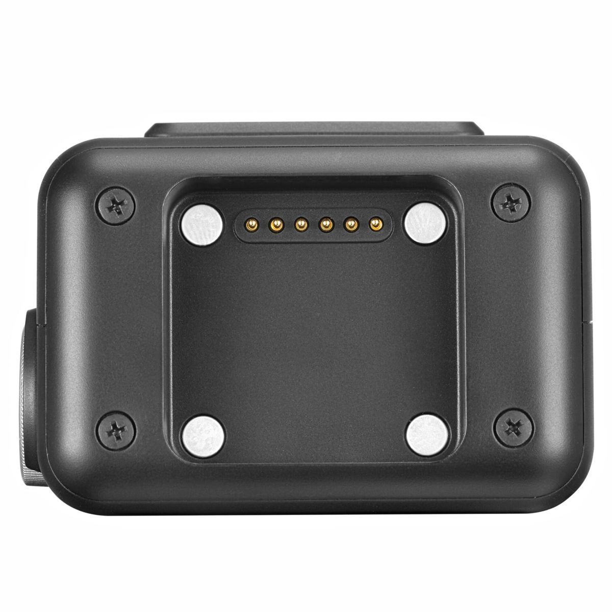 Primo piano di un dispositivo nero con contatti di ricarica e viti.