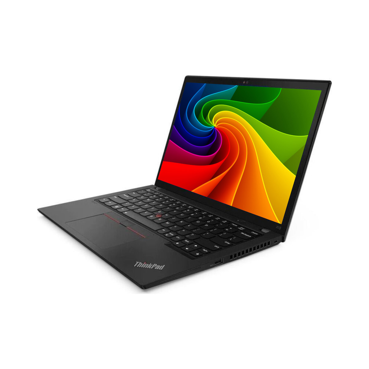 Ein schwarzer Laptop mit einem bunten, wirbelnden Muster auf dem Bildschirm.