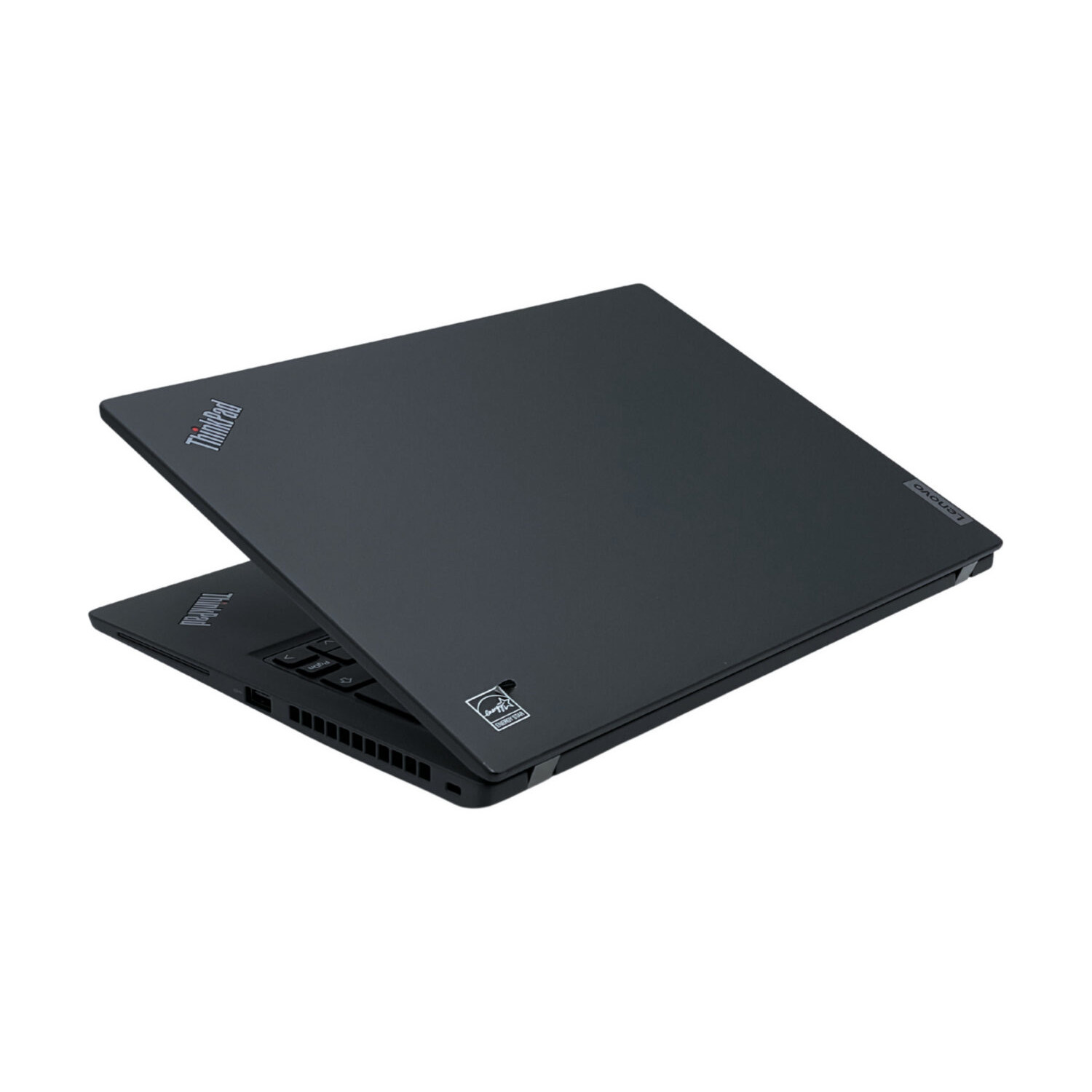 Schwarzer ThinkPad Laptop, teilweise geöffnet, mit Energy Star-Siegel.