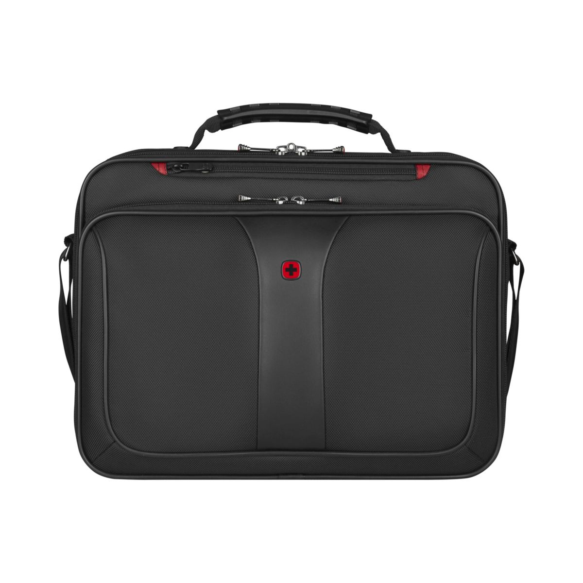 Borsa nera per laptop con logo a croce rossa e manico.