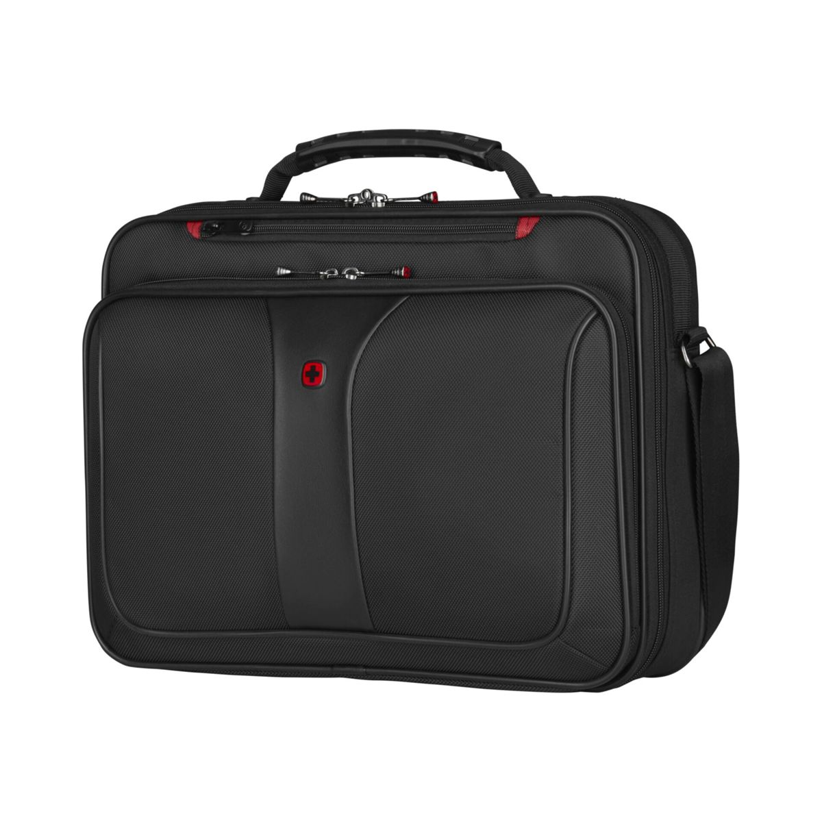 Borsa nera per laptop con logo croce svizzera rossa e tracolla.