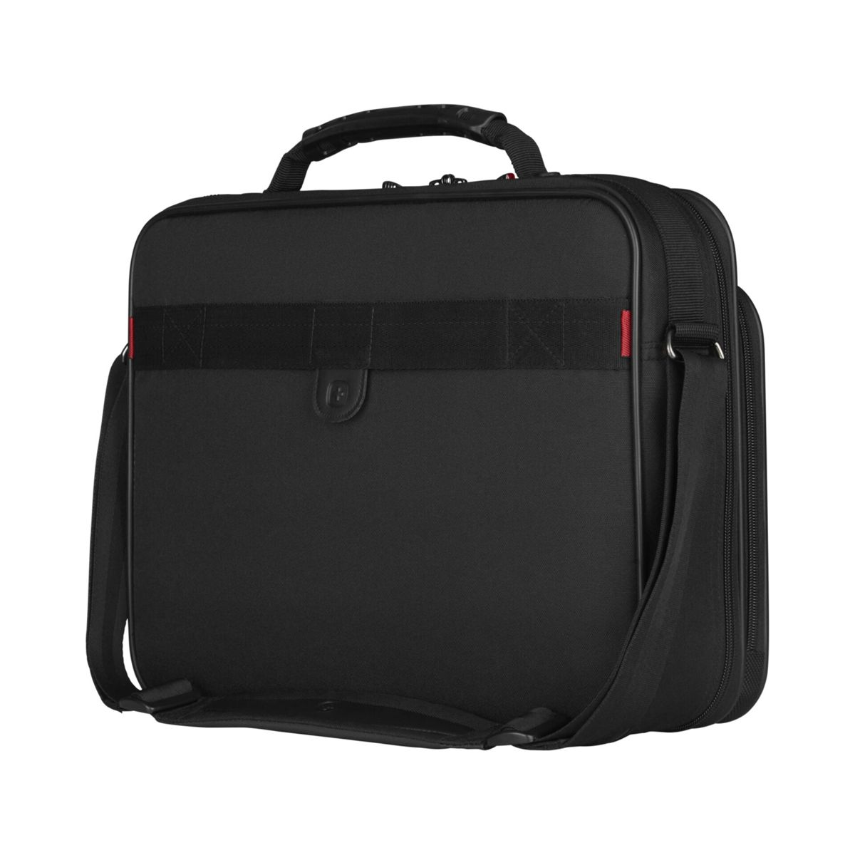 Borsa nera per laptop con manico e tracolla su sfondo bianco.