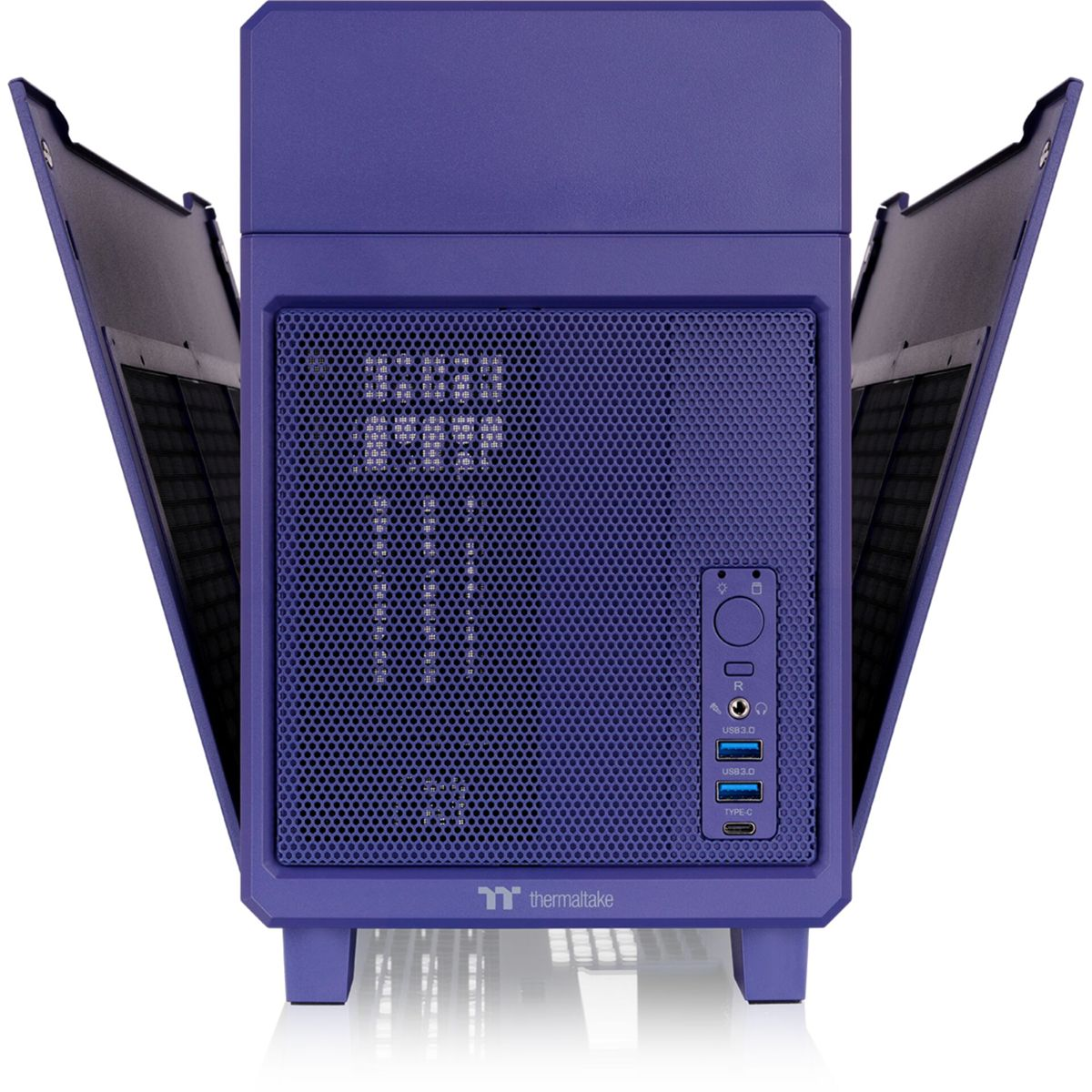 Ein lila Computergehäuse mit offenen Türen und Lüftungsgitter vorne.