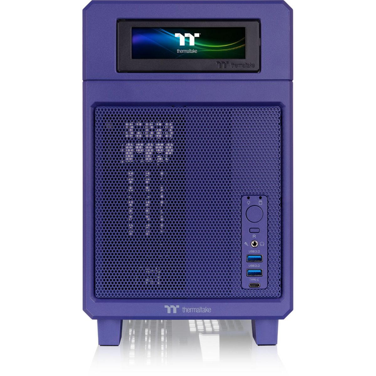 Lila Computerturm mit kleinem Bildschirm oben und Netzfront.