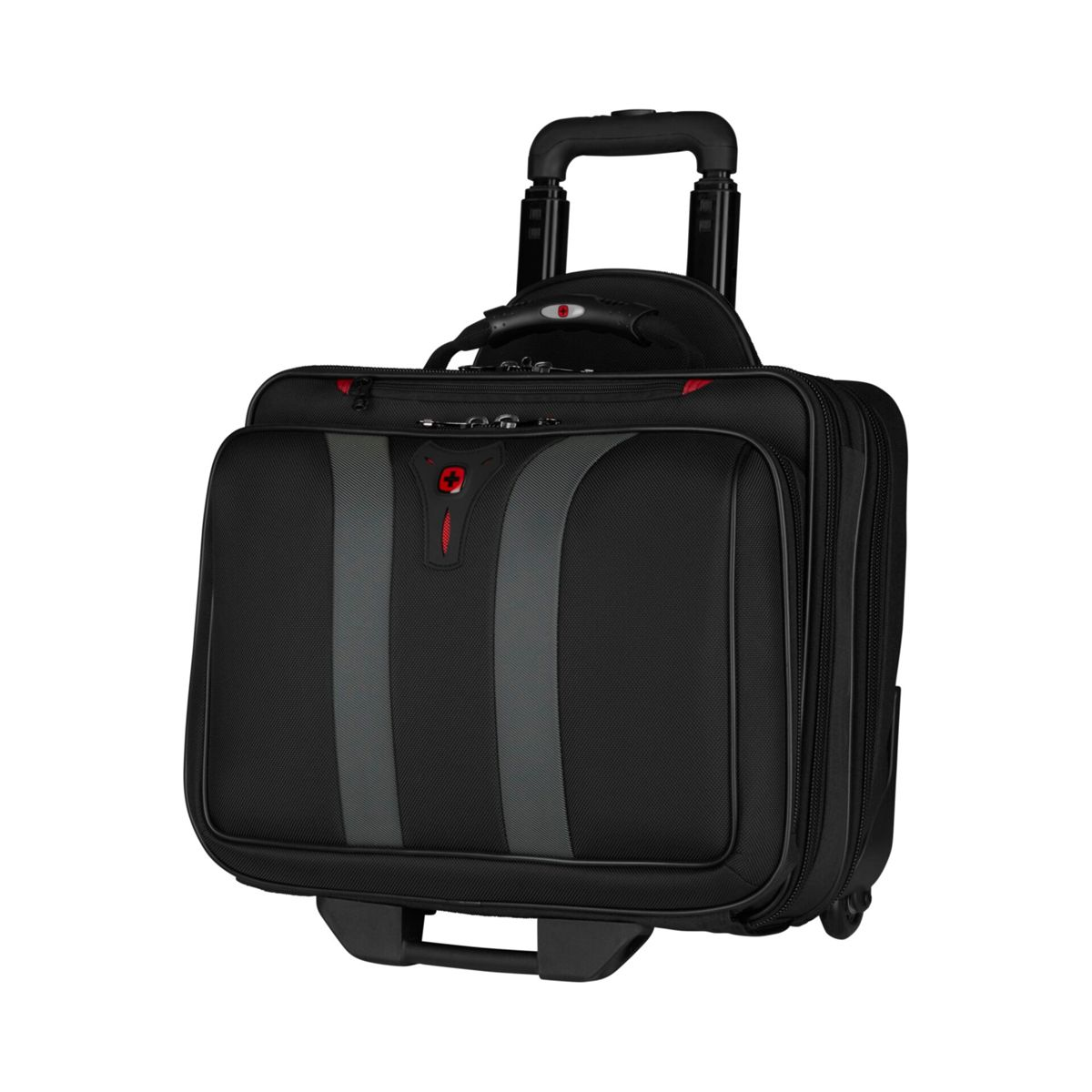 Schwarze Rollgepäcktasche mit ausziehbarem Griff und zwei Rollen.