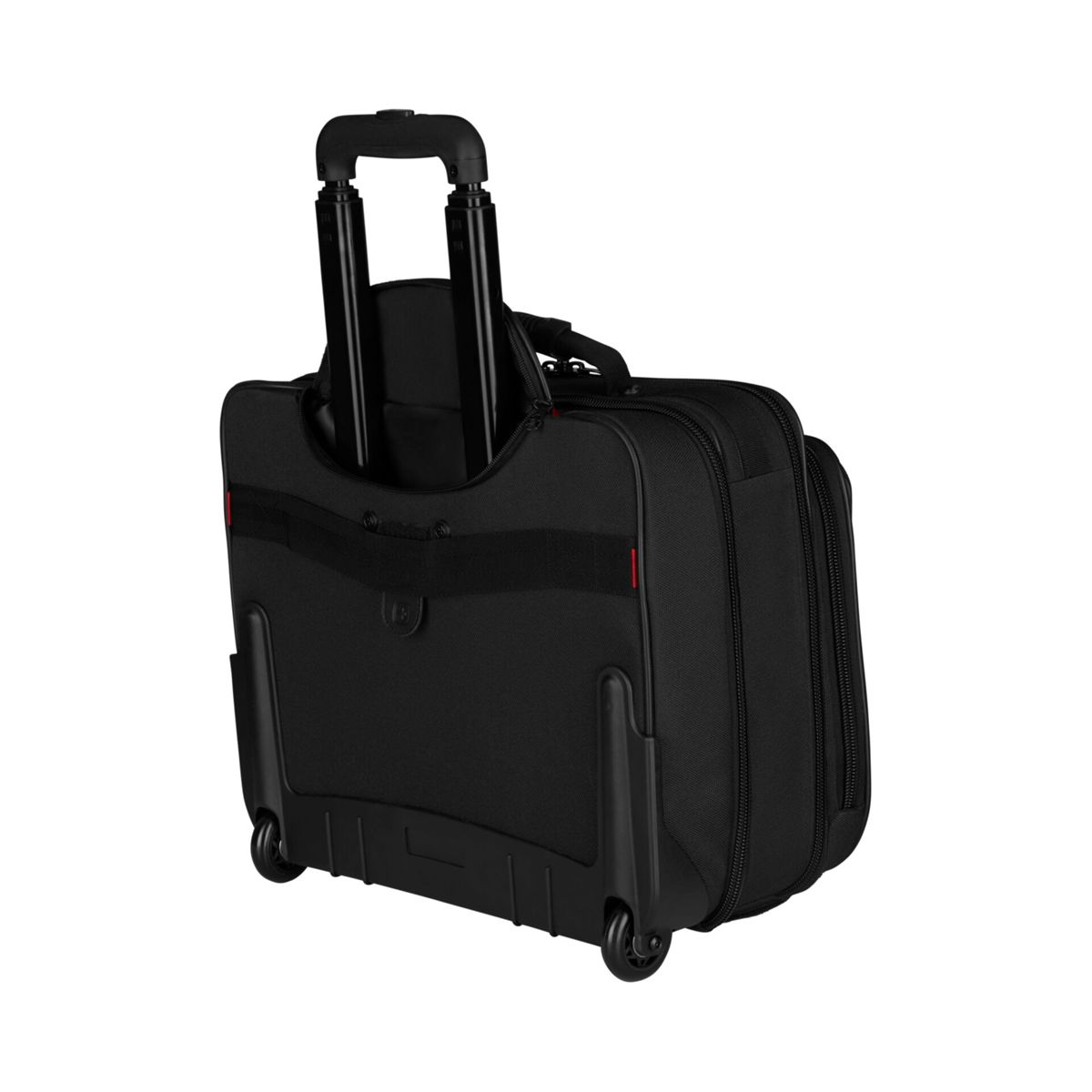 Schwarze Rollkoffertasche mit ausziehbarem Griff und zwei Rollen.