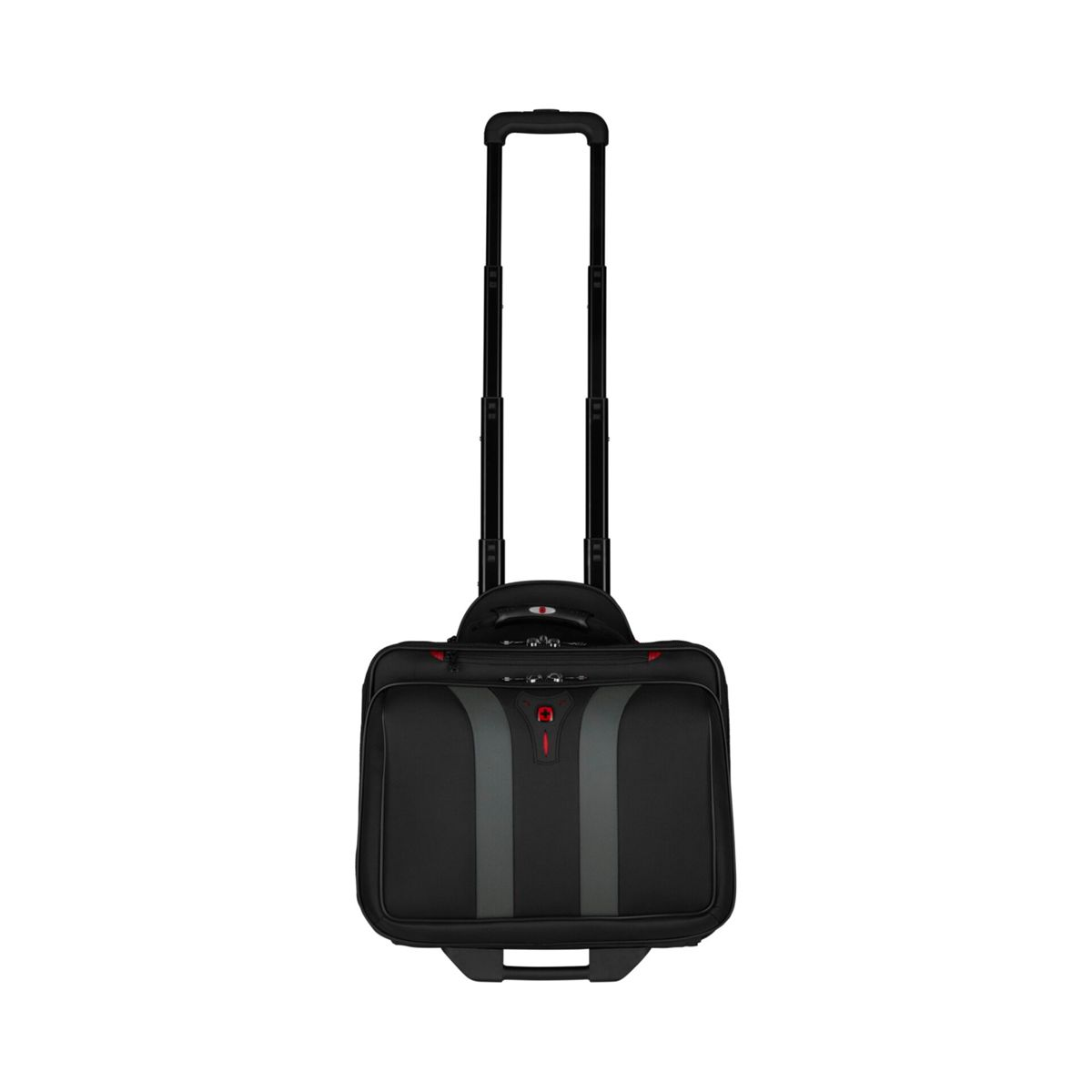 Schwarze Laptoptasche auf Rädern mit ausziehbarem Griff. Vertikale graue Streifen.