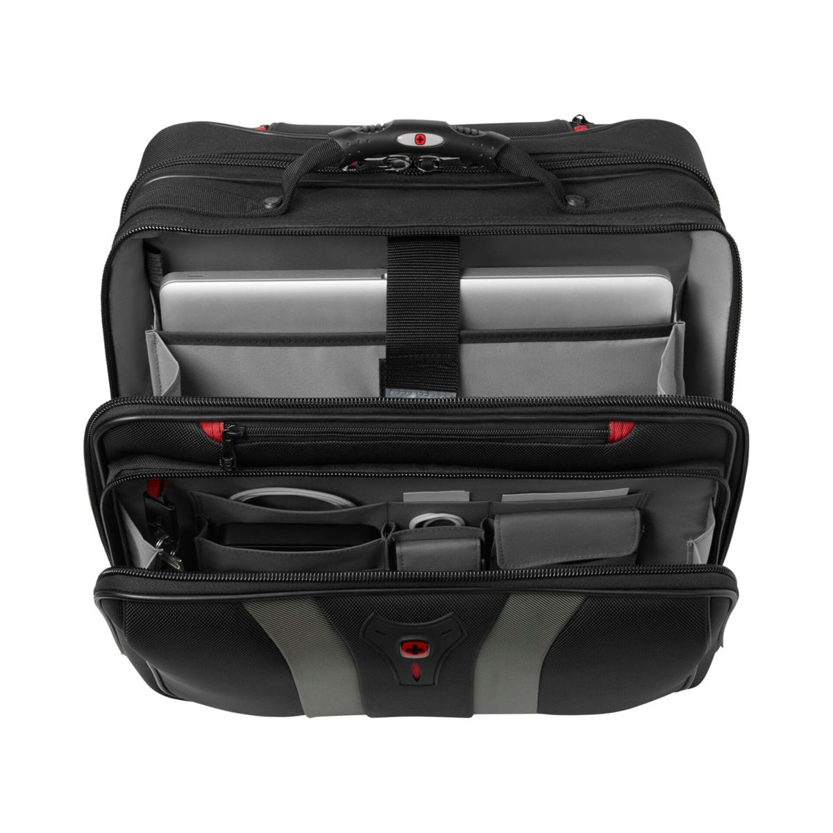Offene schwarze Laptoptasche mit Laptop, Kabeln und Organizerfächern.