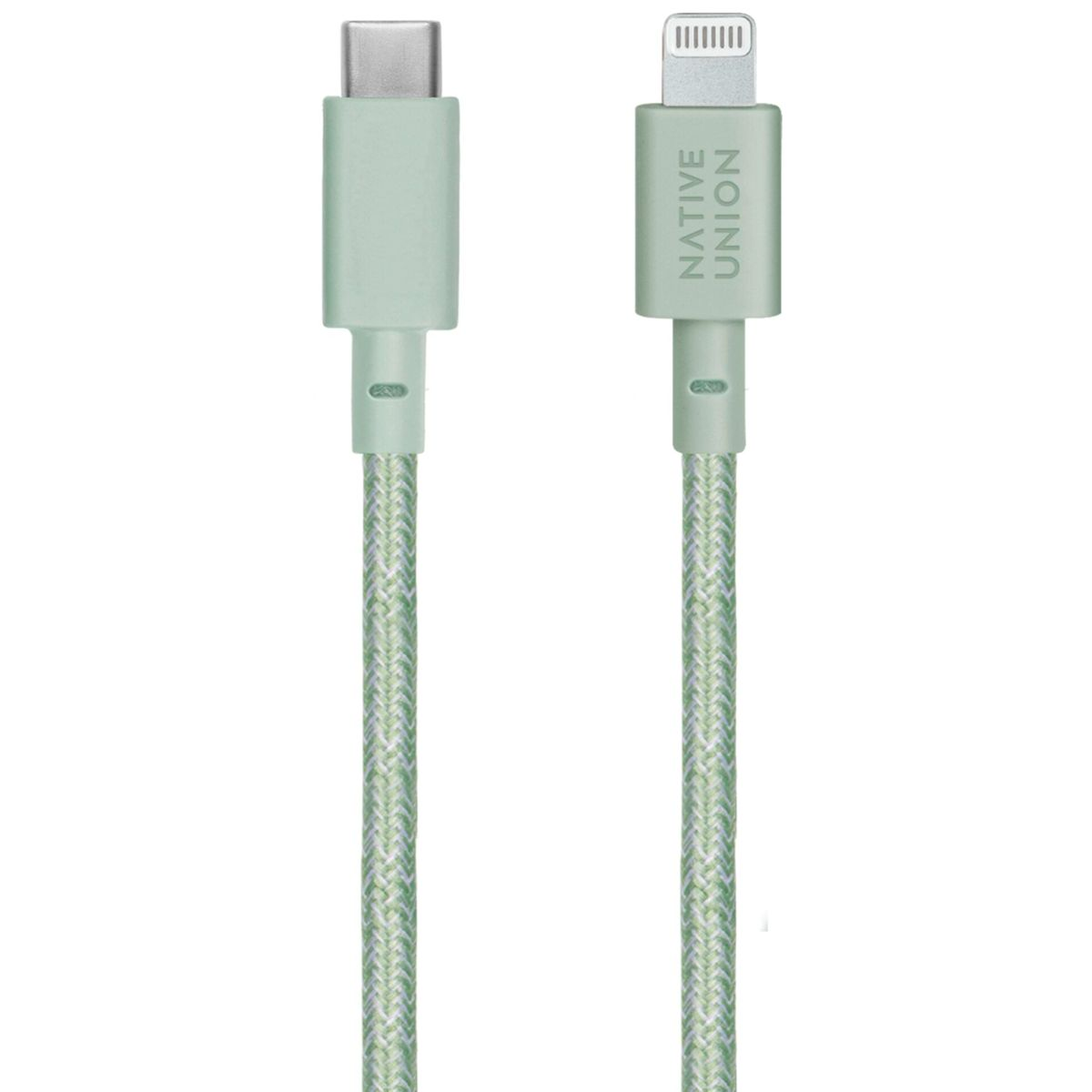 Zwei Ladekabel, eines mit USB-C-, das andere mit Lightning-Anschluss, beide mintgrün.