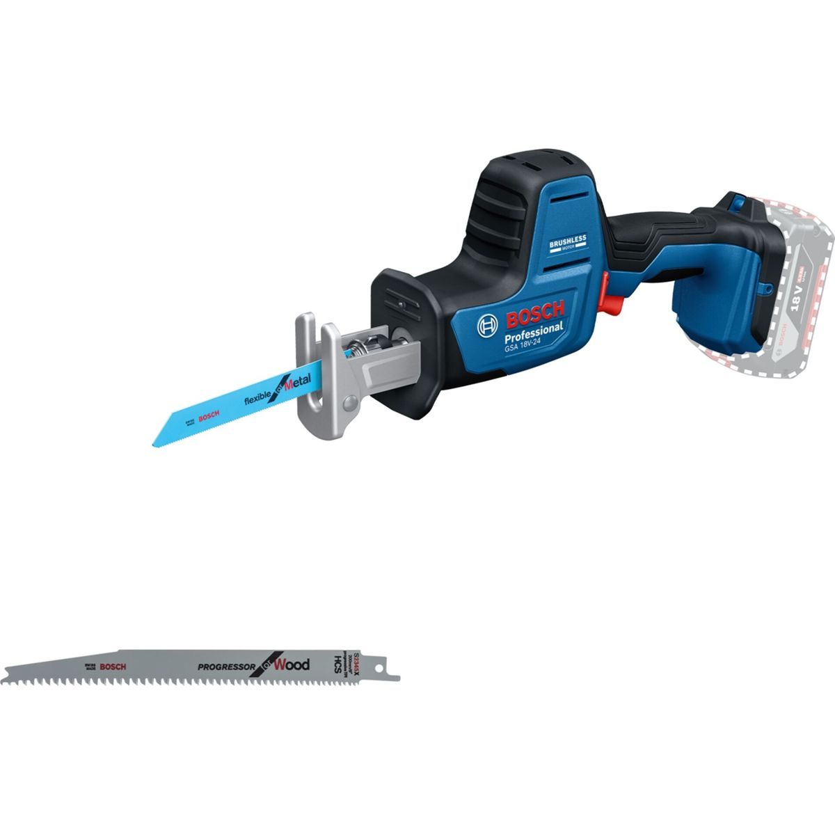 Bosch Professional Akku-Säbelsäge mit Metall- und Holzsägeblättern.