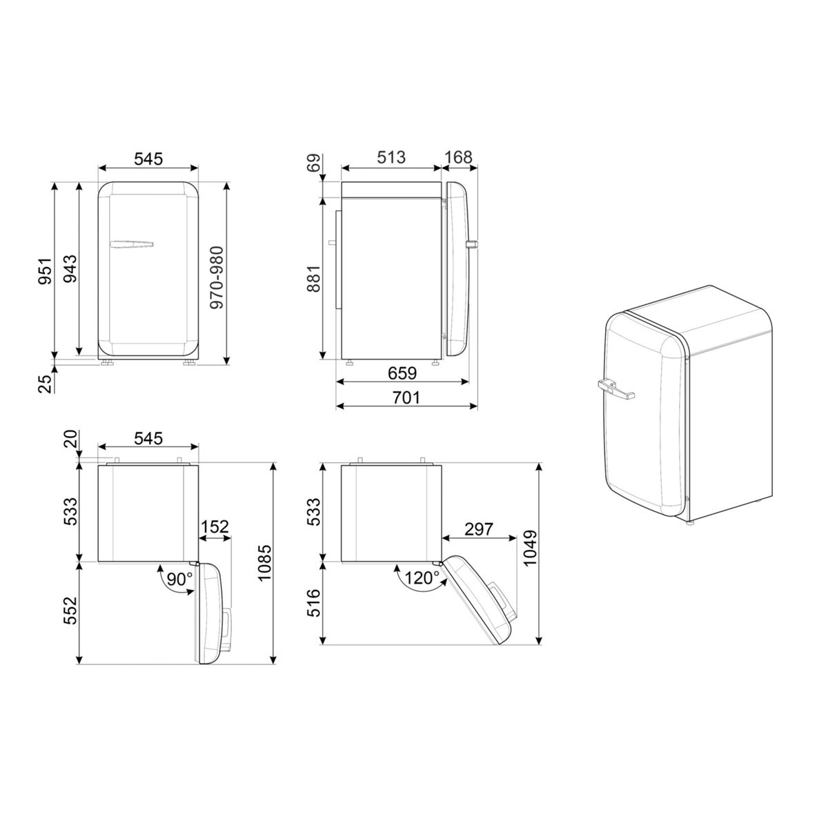 Dibujo técnico de un refrigerador con dimensiones en varias vistas.