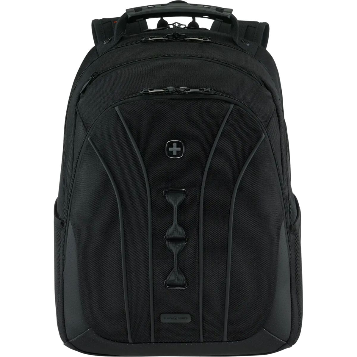 Schwarzer Rucksack mit silbernem Logo und Reißverschlüssen.