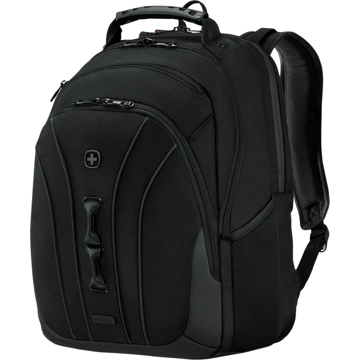 Schwarzer Rucksack mit gepolsterten Trägern, Reißverschlüssen und einem vorderen Kreuzsymbol.
