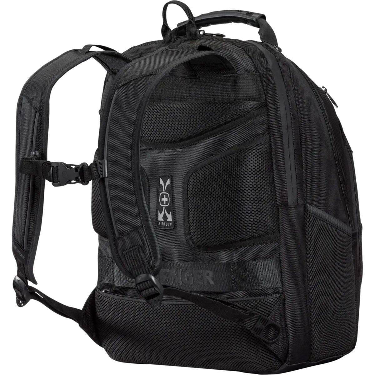 Schwarzer Rucksack mit gepolsterten Trägern und Netzrückseite.