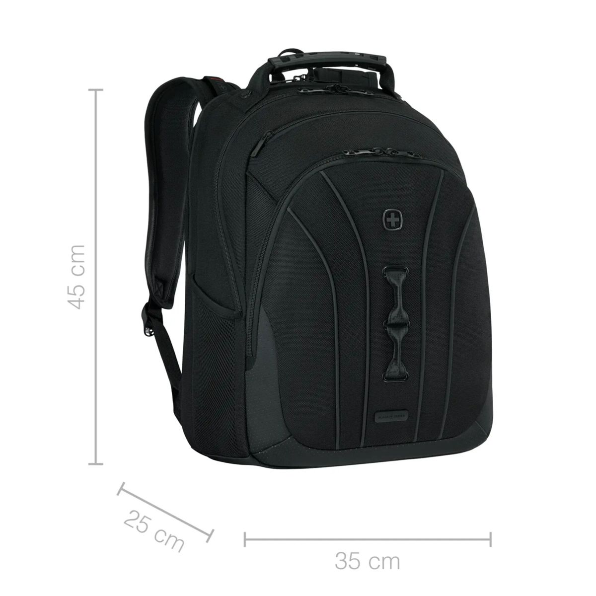 Schwarzer Rucksack mit Maßen 45x25x35 cm, mit Reißverschlüssen und Taschen.