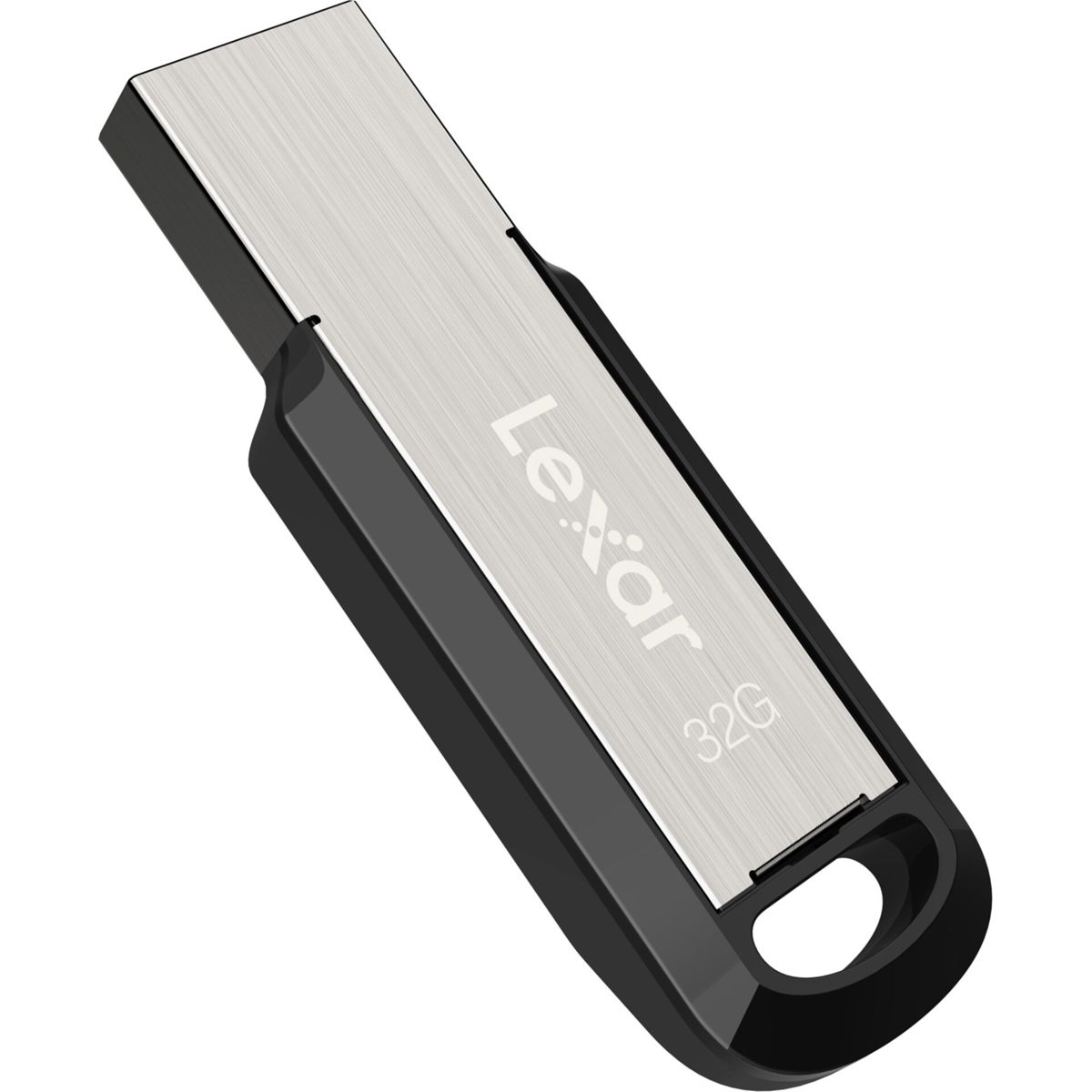 Uçunda halkası olan siyah kasalı gümüş Lexar 32G USB bellek.