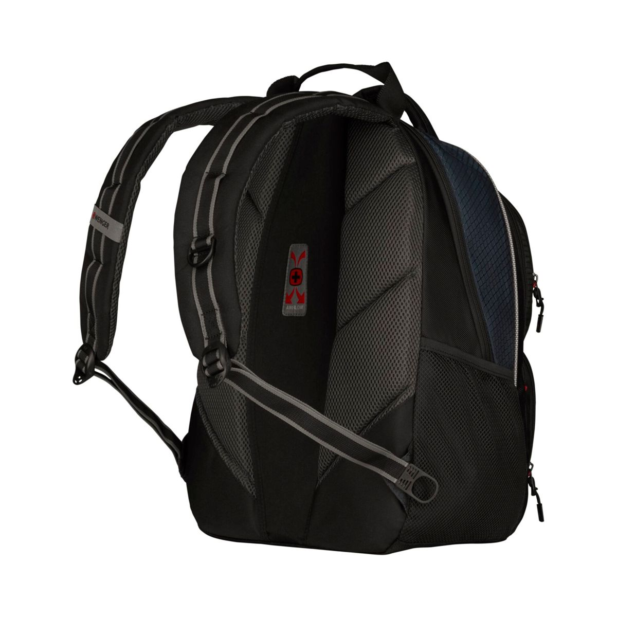 Zaino nero con schienale imbottito e tasche in rete. Dettagli argentati.