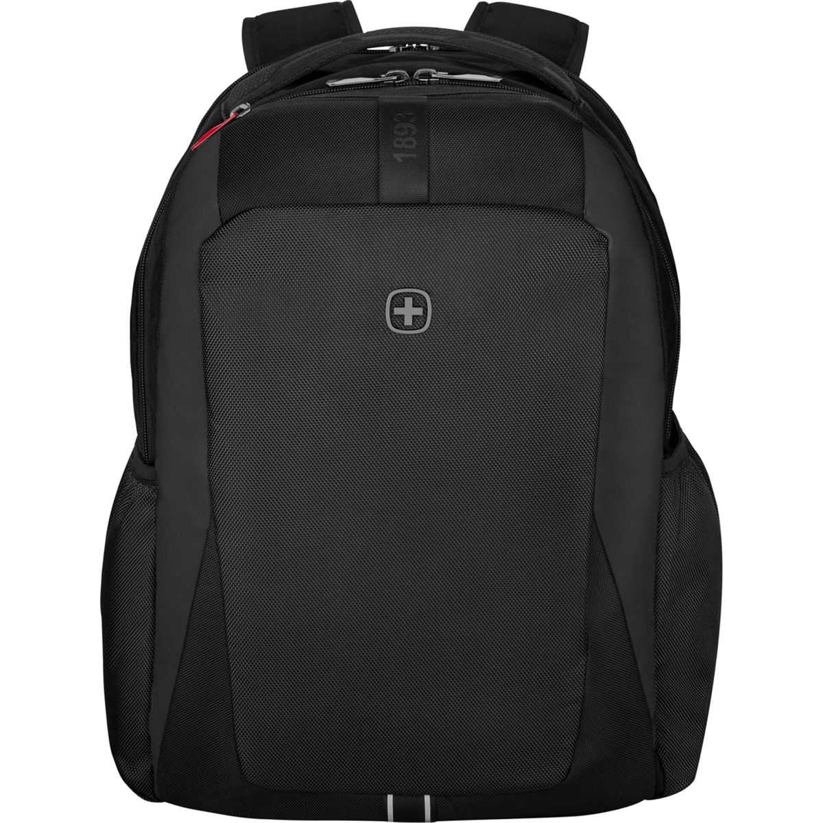 Zaino nero con logo svizzero e stampa "1893". Cerniere bianche.