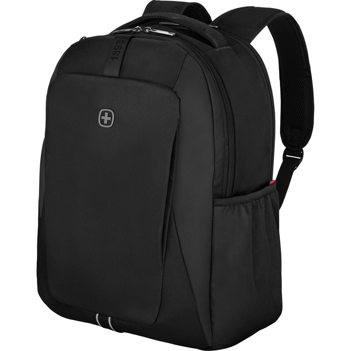 Zaino nero con logo e spallacci, su sfondo bianco.
