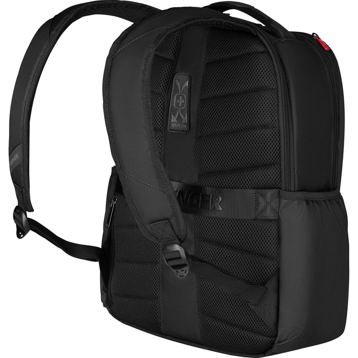 Zaino nero con spallacci imbottiti e pannello posteriore in rete per la ventilazione.