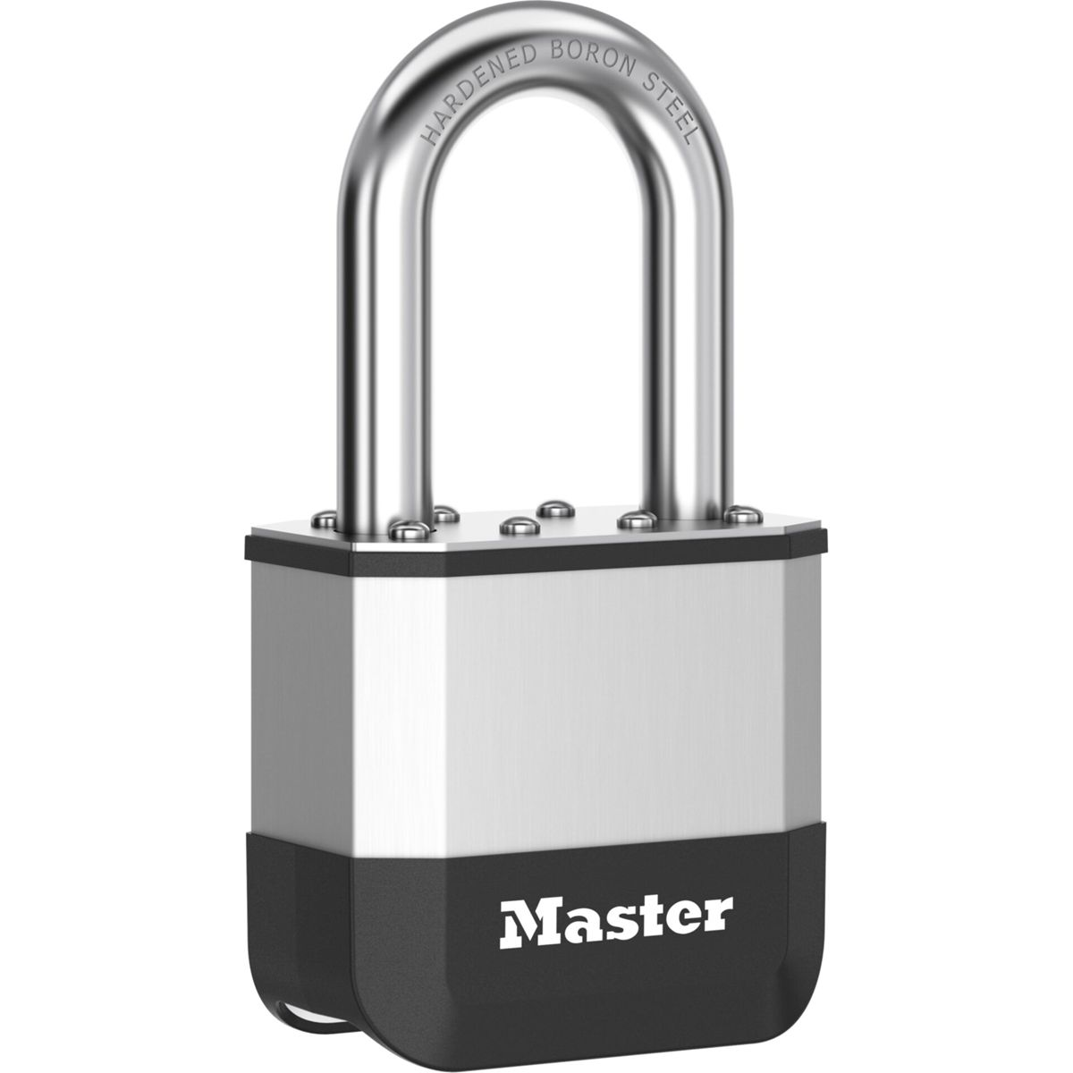 Ein silberner Vorhängeschloss mit schwarzem Boden und "Master"-Logo.