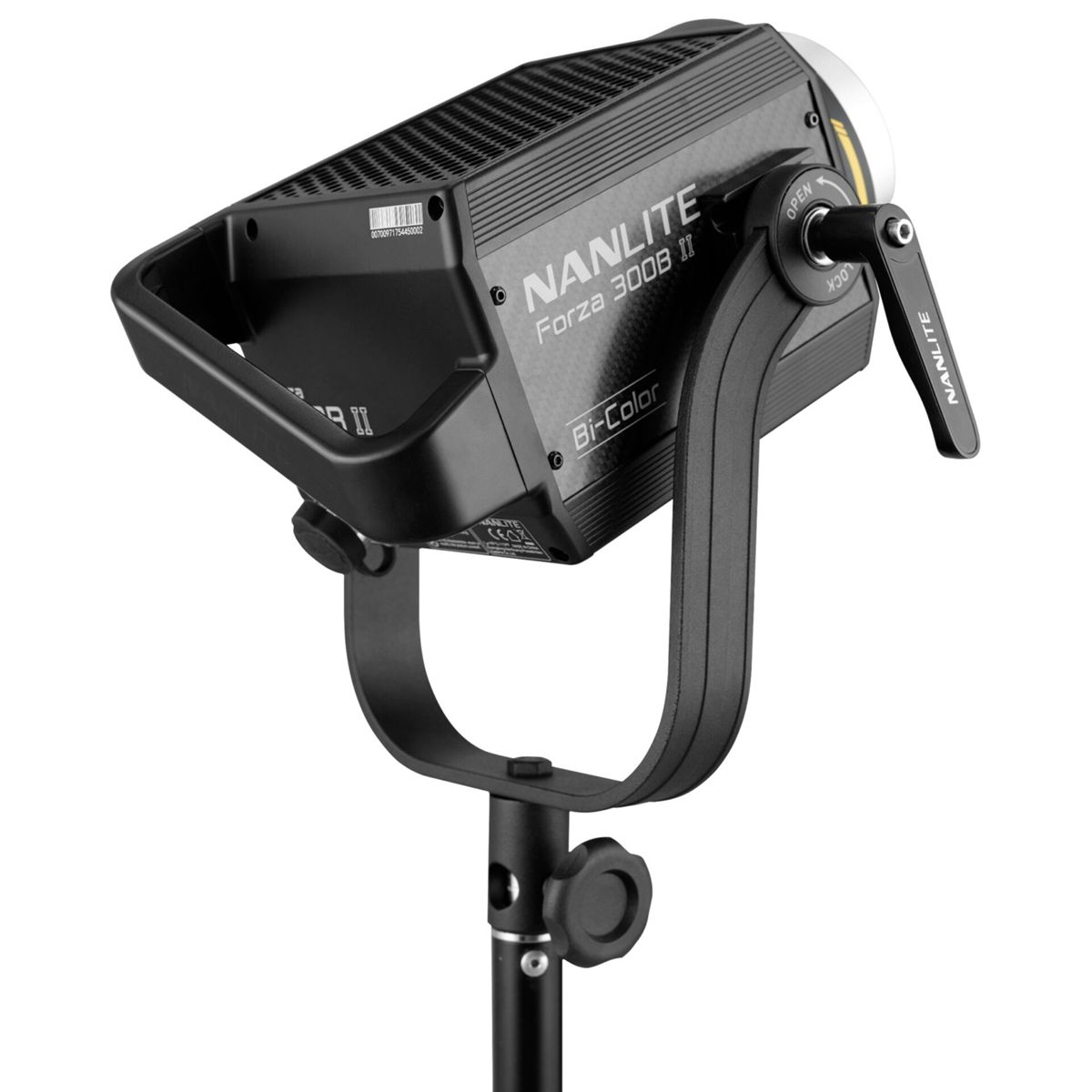 Schwarzes Nanlite Forza 300B II Bi-Color LED-Licht auf einem Ständer, mit Griff und Einstellknöpfen.