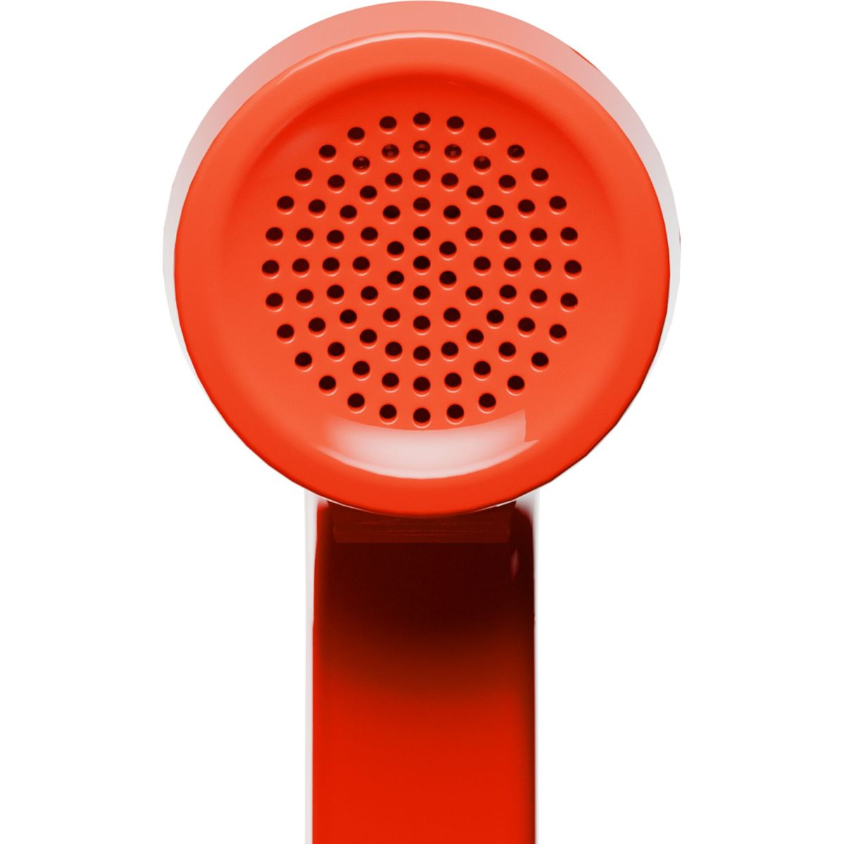 Primo piano di una cornetta telefonica rossa con griglia dell'altoparlante perforata.