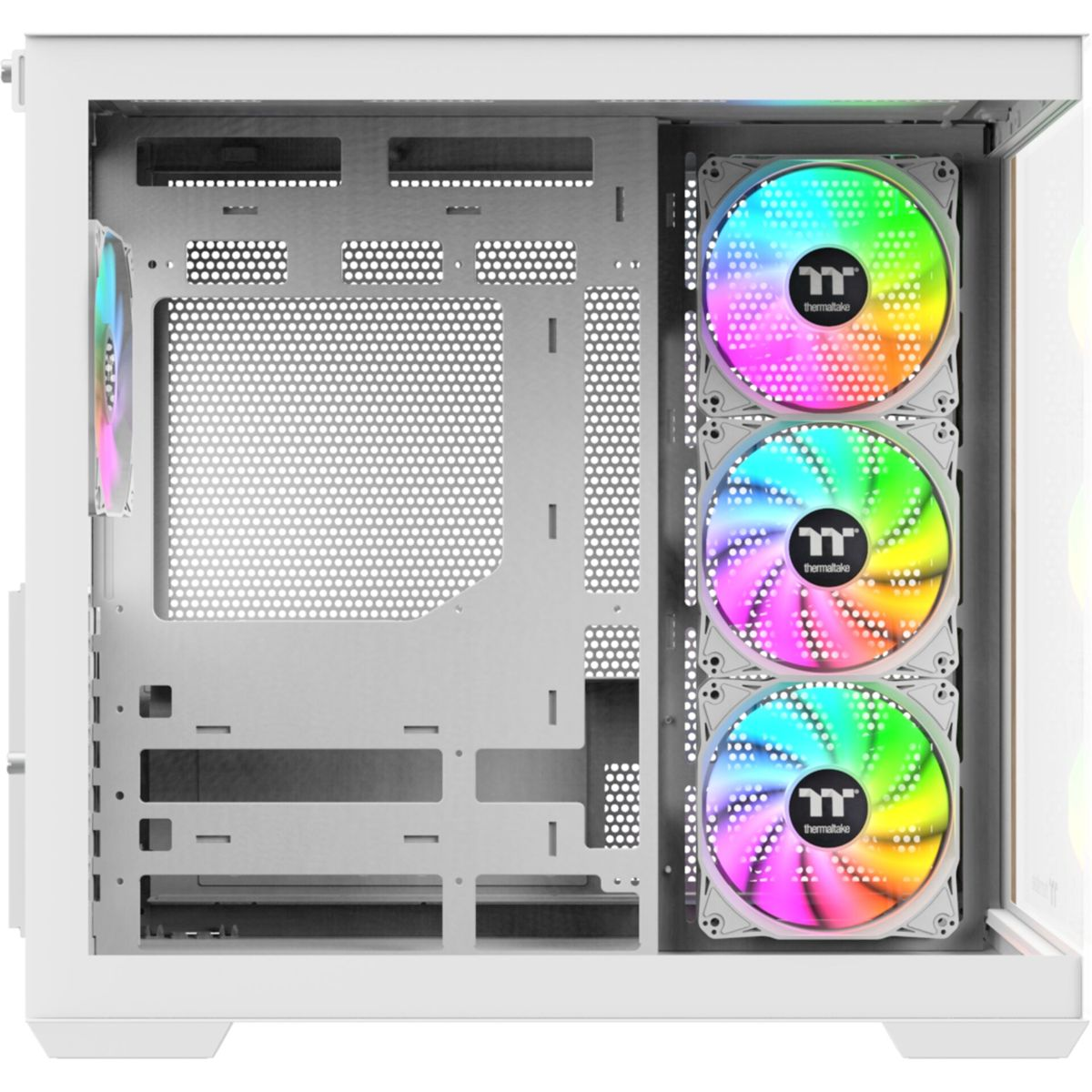 Weißes Computergehäuse-Interieur mit drei beleuchteten RGB-Lüftern und interner Struktur.