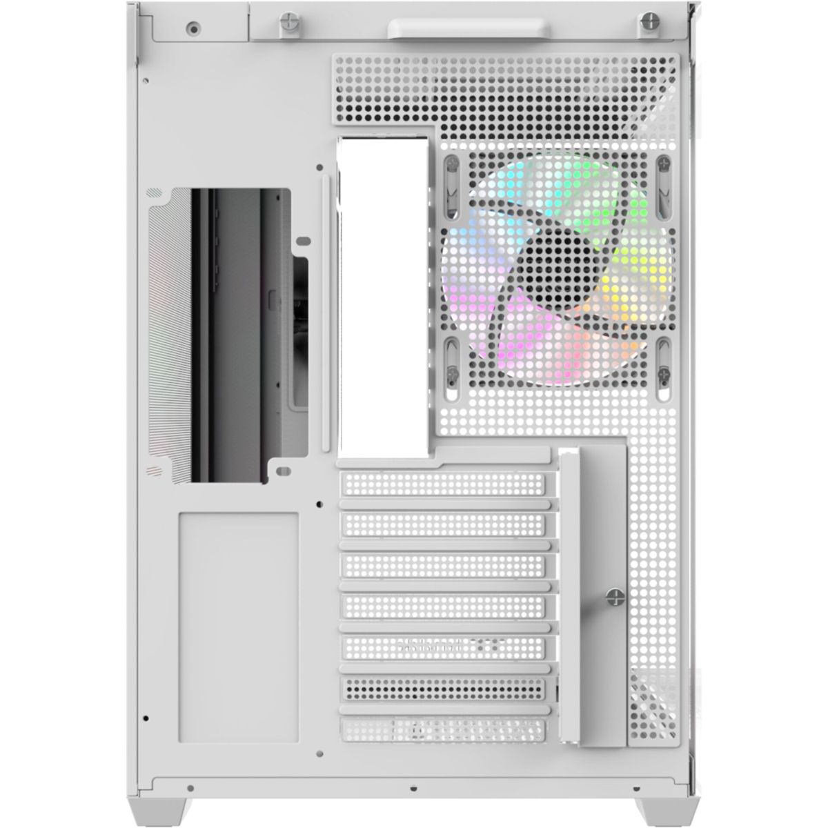 Rückseite eines weißen Computergehäuses mit Lüfter.