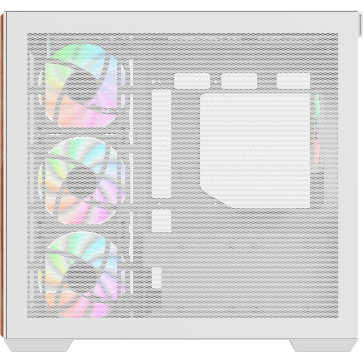 Ein weißes Computergehäuse mit drei RGB-Lüftern vorne und einem Sichtfenster.