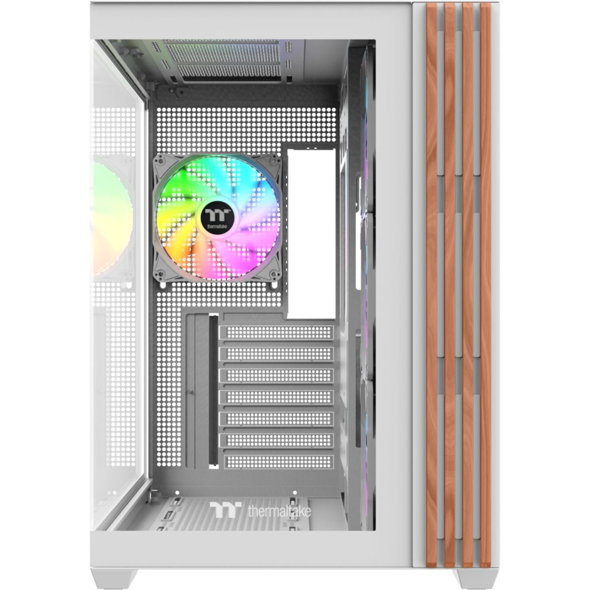 Ein weißes Computergehäuse mit RGB-Lüfter und Holzverkleidung.