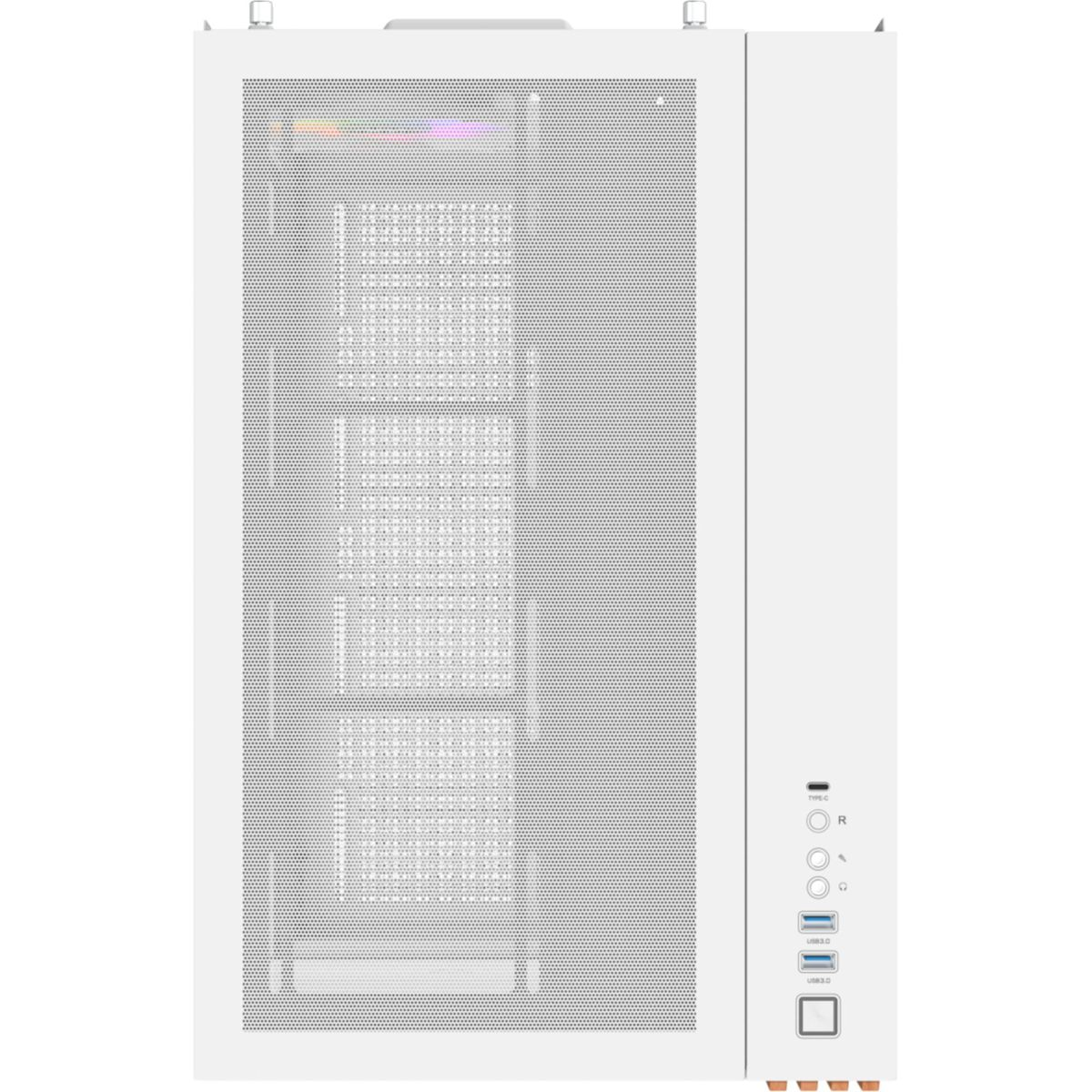 Ein weißes PC-Gehäuse mit einem perforierten Frontpanel und Anschlüssen an der Seite.